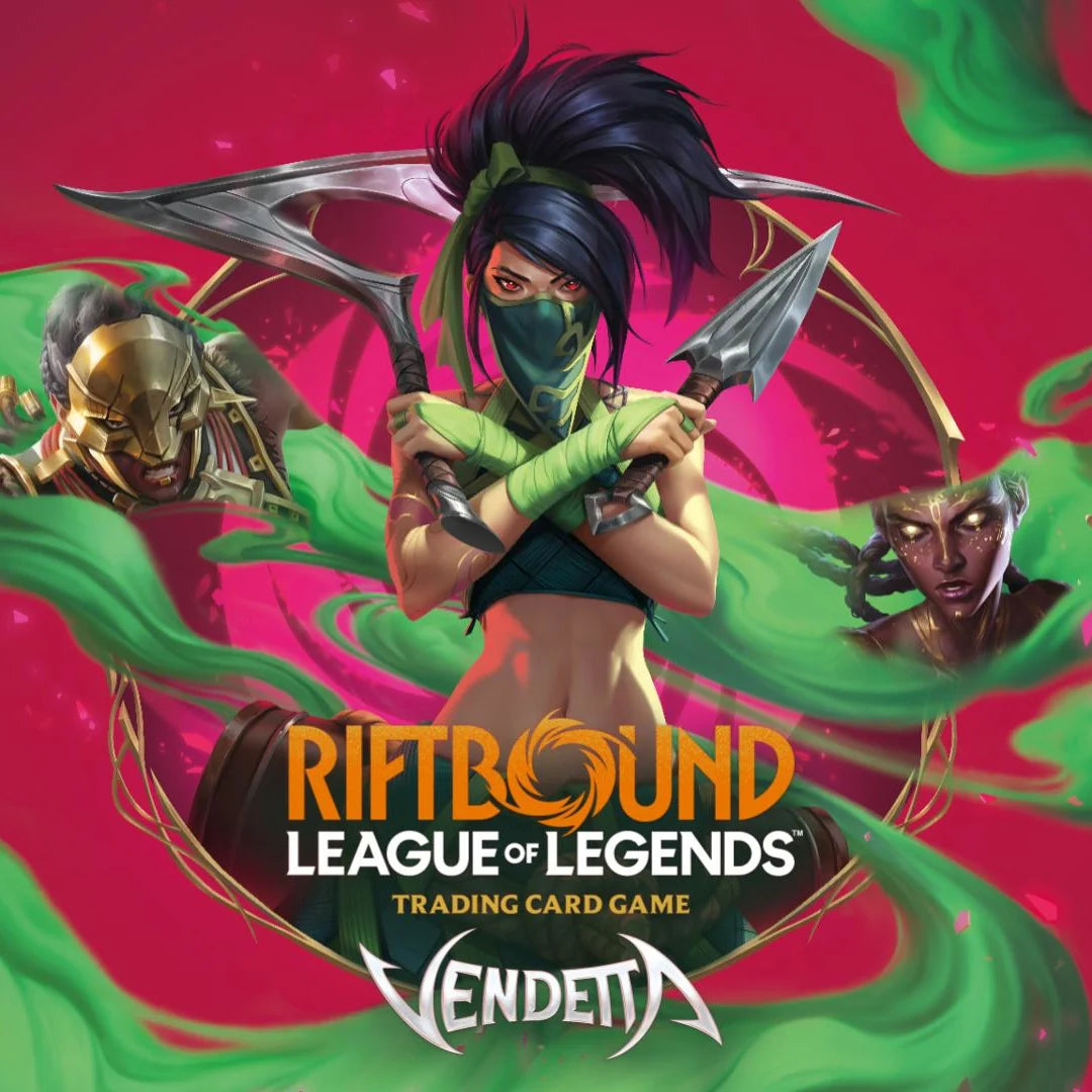 Riftbound Vendetta key art showing Akali with kama blades between two rival champions