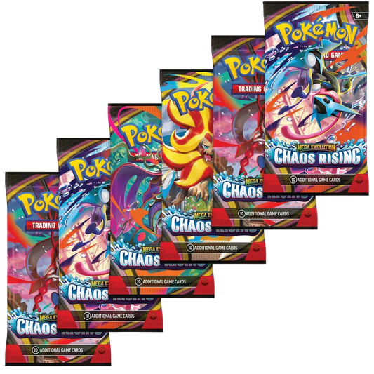 Six Pokémon Chaos Rising booster packs fanned out