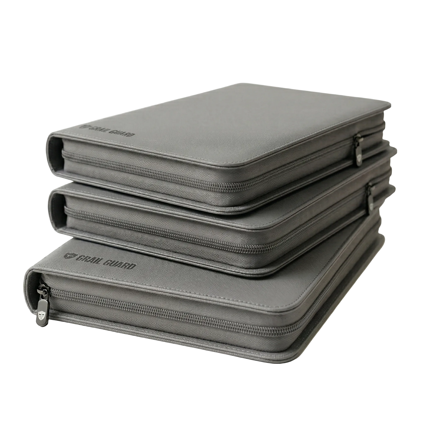 Grail Guard premium zip card binder in gun metal grey, archival-safe 9-pocket trading card portfolio stack on a white background.
