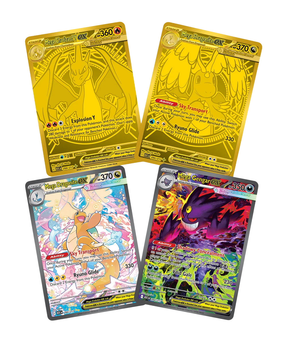 Four Ascended Heroes cards including gold Mega Charizard Y ex and Mega Dragonite ex