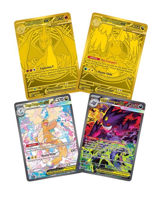 Four Ascended Heroes cards including gold Mega Charizard Y ex and Mega Dragonite ex