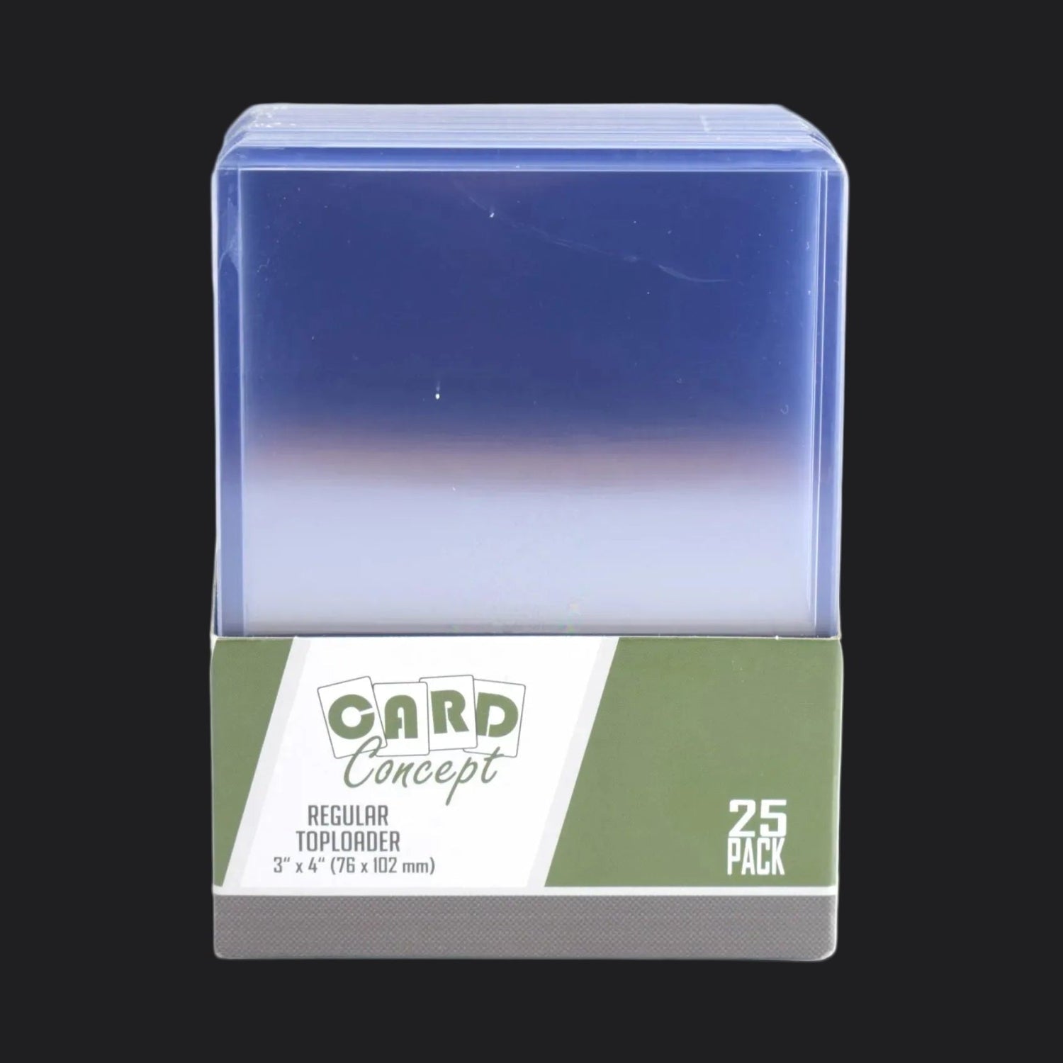 Card Concept toploader packaging with a gradient blue to clear design on a black background