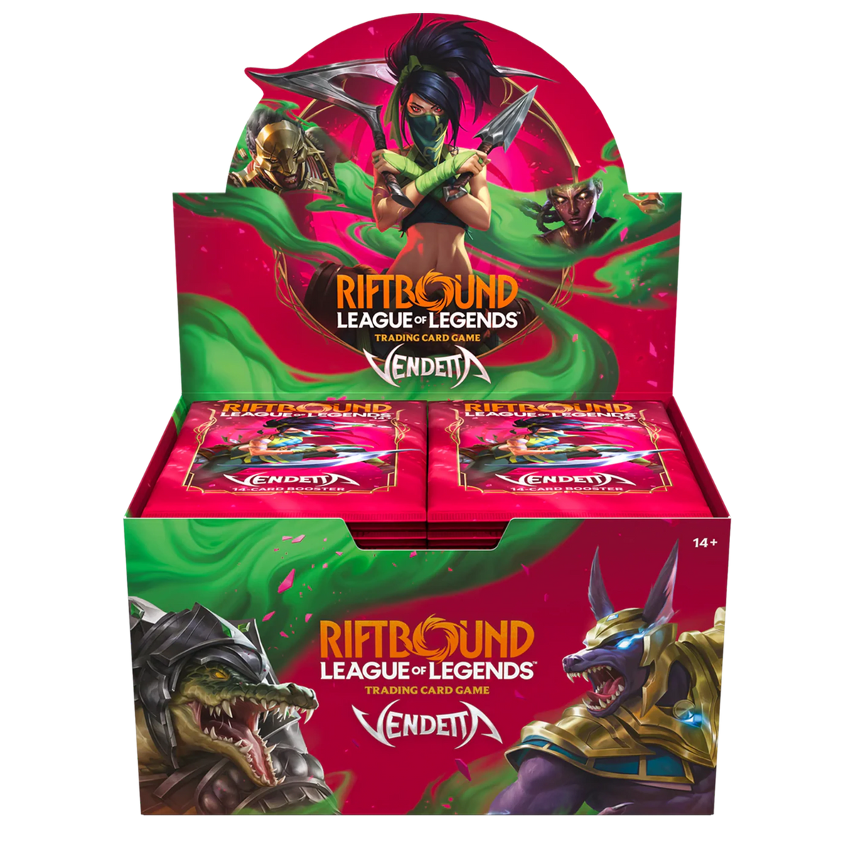 Riftbound Vendetta Booster Box open display holding 24 sealed 14-card booster packs