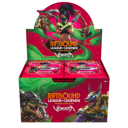 Riftbound Vendetta Booster Box open display holding 24 sealed 14-card booster packs