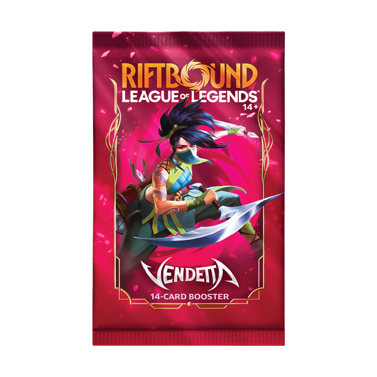 Single Riftbound Vendetta booster pack, front of the sealed 14-card wrapper