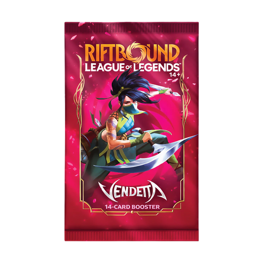 Single Riftbound Vendetta booster pack, front of the sealed 14-card wrapper