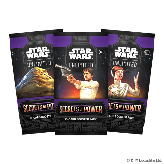 Three Star Wars Unlimited Secrets of Power packs showing Jabba, Cassian Andor and Mon Mothma