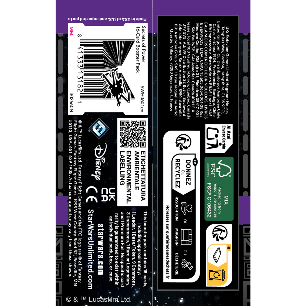 Back of a Secrets of Power pack listing 9 commons, 3 uncommons, 1 rare, 1 leader and a foil