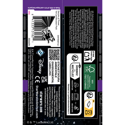 Back of a Secrets of Power pack listing 9 commons, 3 uncommons, 1 rare, 1 leader and a foil
