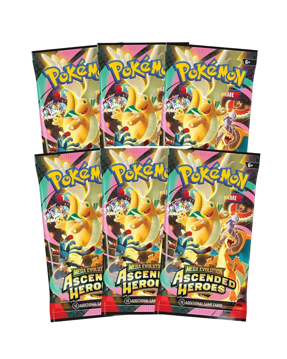Six Ascended Heroes booster packs with Dragonite on the wrapper