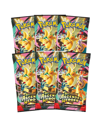 Six Ascended Heroes booster packs with Dragonite on the wrapper