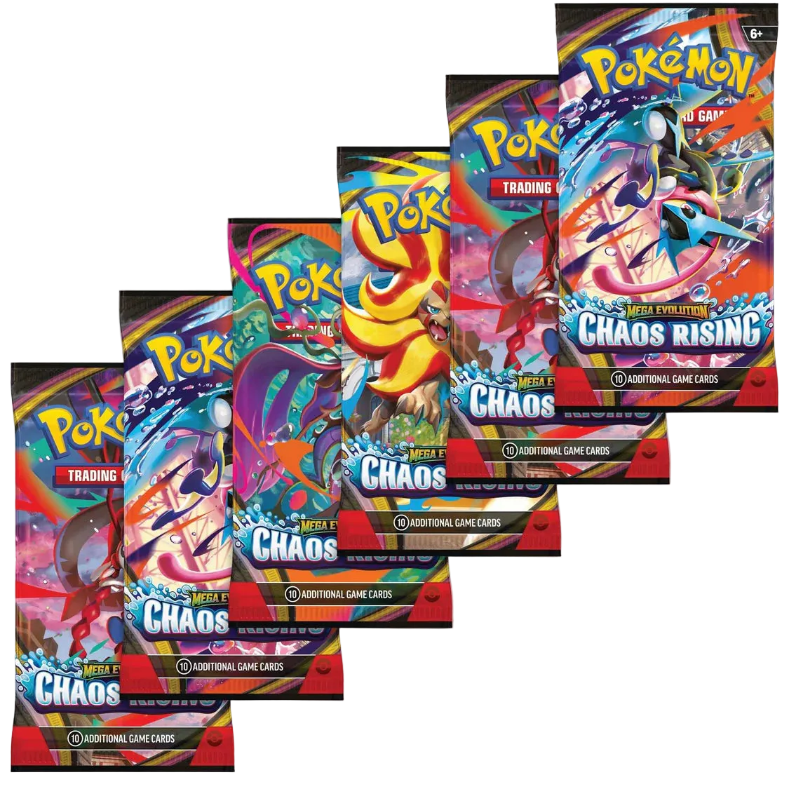 Six Pokémon Chaos Rising booster packs fanned out