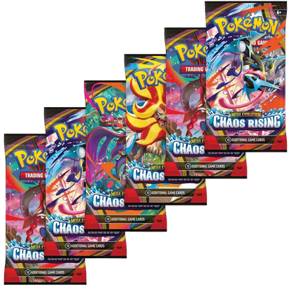 Six Pokémon Chaos Rising booster packs fanned out