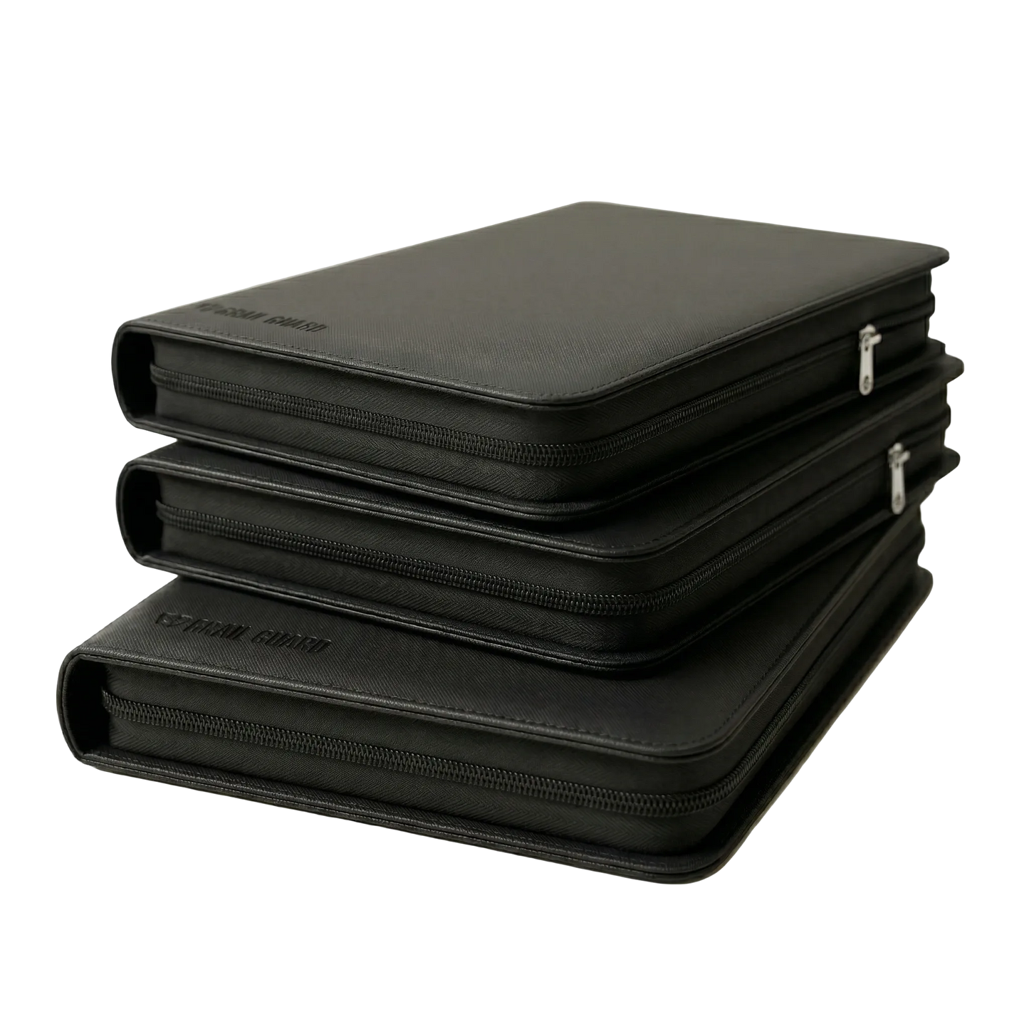 Grail Guard premium 360-pocket zip card binder in black, archival-safe side-loading trading card portfolio stack on a white background