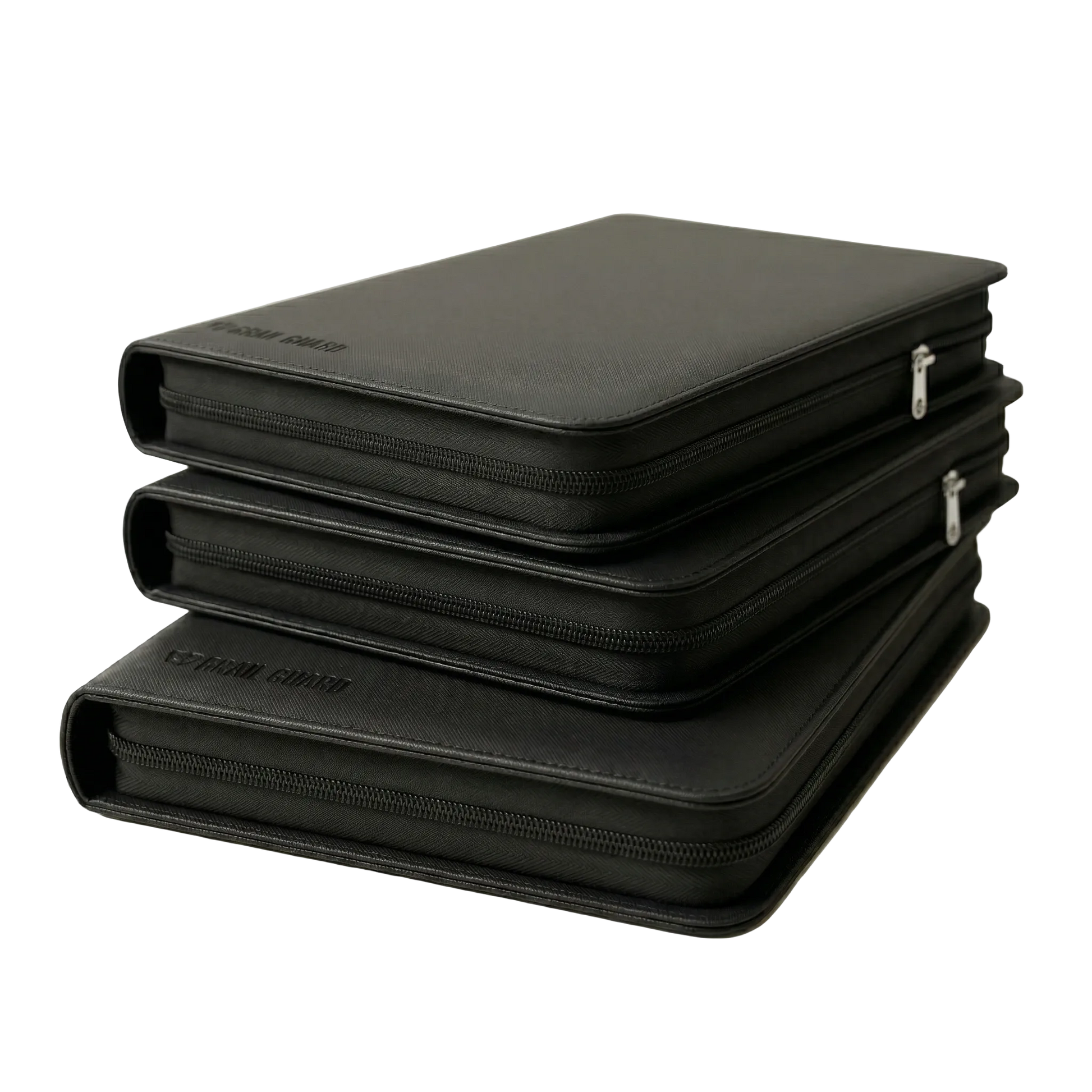 Grail Guard premium 360-pocket zip card binder in black, archival-safe side-loading trading card portfolio stack on a white background