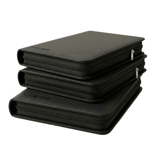 Grail Guard premium 360-pocket zip card binder in black, archival-safe side-loading trading card portfolio stack on a white background