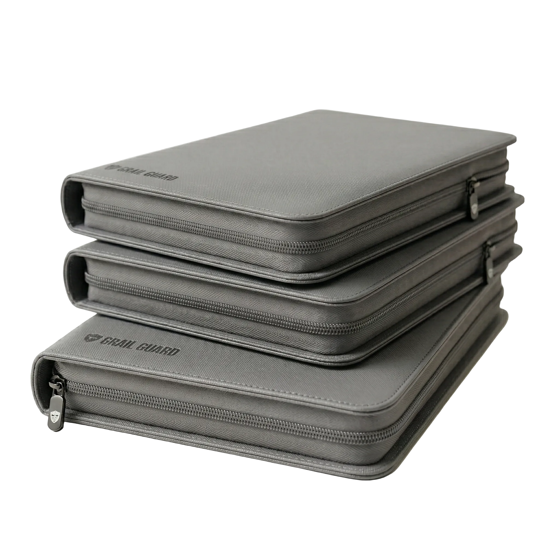 Grail Guard premium zip card binder in gun metal grey, archival-safe 9-pocket trading card portfolio stack on a white background.