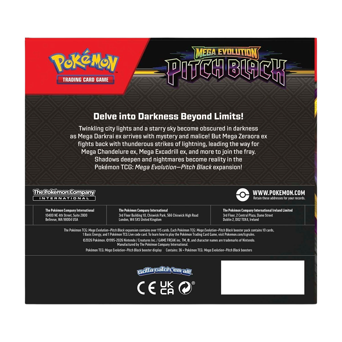 Back of the Pitch Black booster box listing 36 packs of 10 cards, energy and code card