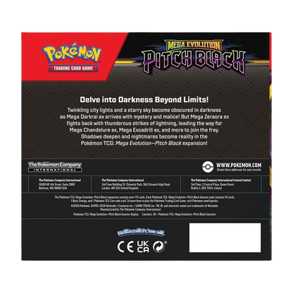 Back of the Pitch Black booster box listing 36 packs of 10 cards, energy and code card