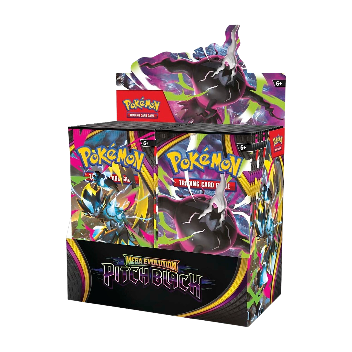 Pokémon Pitch Black Booster Box, open display of 36 packs shown at an angle