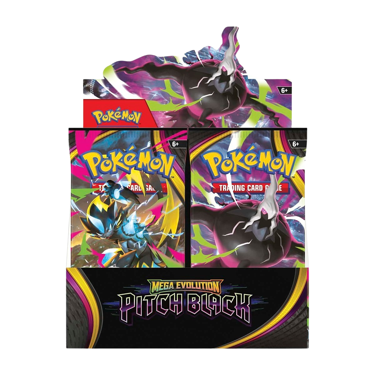 Pokémon Pitch Black Booster Box front on, open display with Mega Darkrai artwork