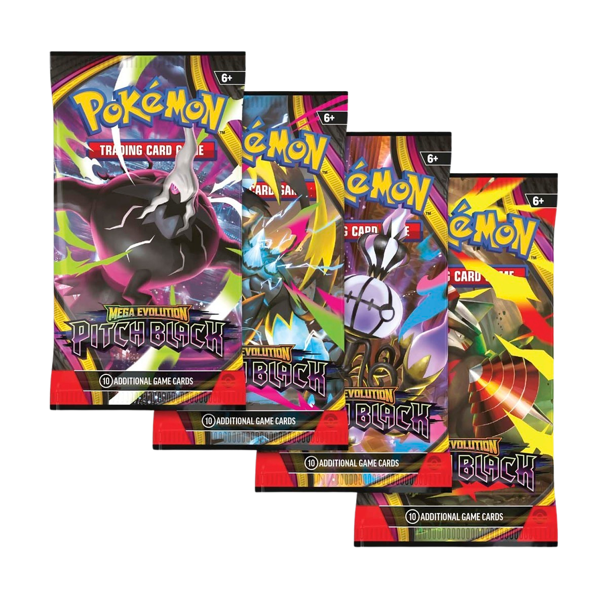 Four Pokémon Pitch Black booster packs fanned out, 10 cards per pack