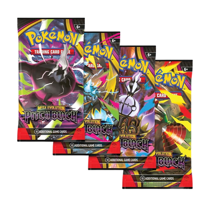 Four Pokémon Pitch Black booster packs fanned out, 10 cards per pack